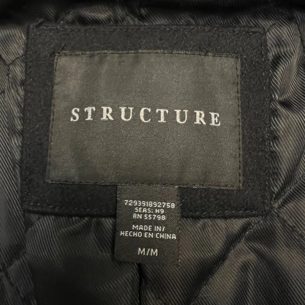 Structure Men's Black Clean Minimal Dark Academia Wool Blend Quilted Coat Size M